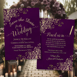 Elegante Extravagante Goldfiligree auf Plum Lila W Save The Date