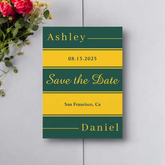 Elegante Extravagante, grüne und goldene Streifen Save The Date
