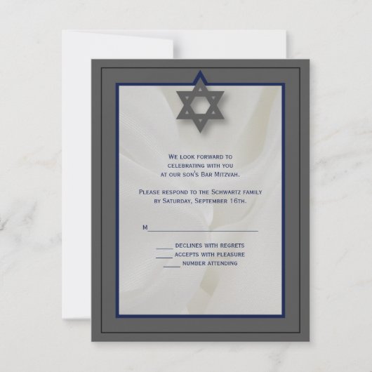 Elegante Fabric Bar Mitzvah UAWG Reply Card in Gra Einladung (Vorderseite)