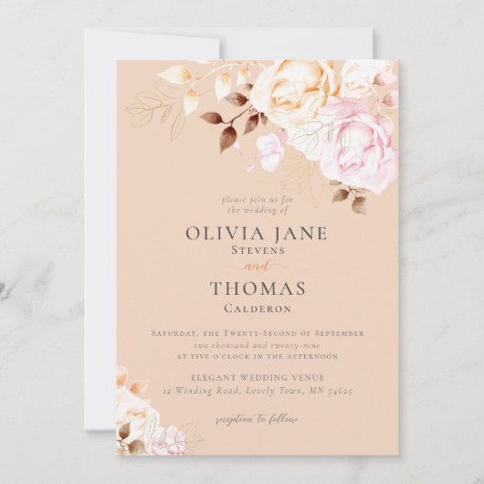 Elegante Fall Blush Orange Blumenhochzeit Einladung (Vorderseite)