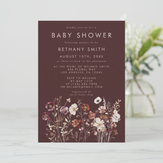 Elegante Fall Brown Floral Baby Shower Einladung (Stehend Vorderseite)