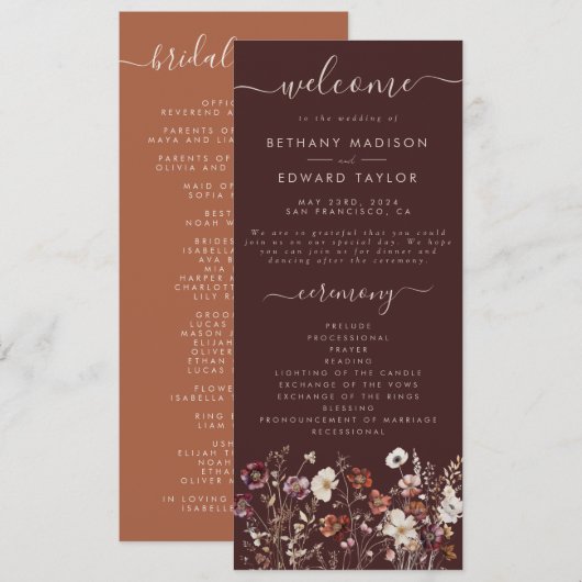 Elegante Fall Brown Floral Wedding Programm (Vorne/Hinten)