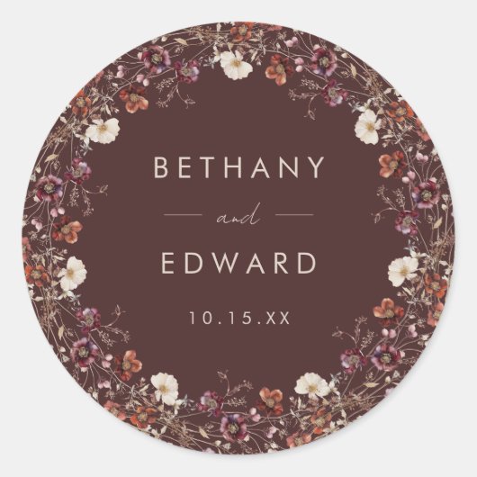 Elegante Fall Brown Floral Wedding Runder Aufkleber (Vorderseite)