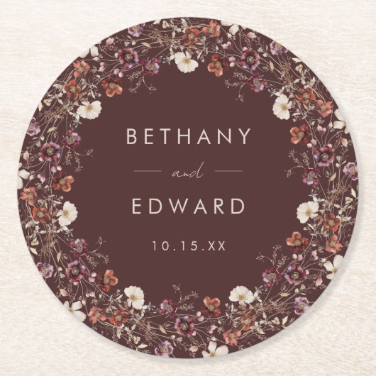 Elegante Fall Brown Floral Wedding Runder Pappuntersetzer (Vorderseite)