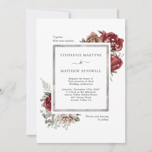 Elegante Fall Dusty Orange Rote Botanische Hochzei Einladung (Vorderseite)