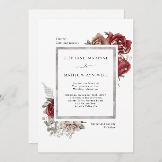 Elegante Fall Dusty Orange Rote Botanische Hochzei Einladung (Vorne/Hinten)