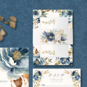 Elegante Fall Floral Blue Ivory Wasserfarbenhochze Einladungsbanderole