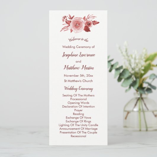 Elegante Fall Floral Burgundy Hochzeitsprogramme Programm (Stehend Vorderseite)
