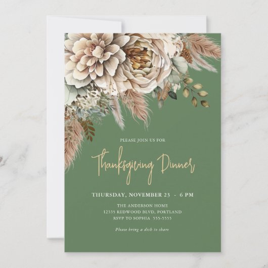 Elegante Fall Floral Erntedank Abendessen Einladung (Vorderseite)