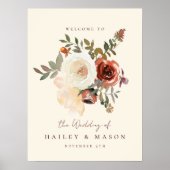Elegante Fall Floral Red Wedding Willkommenszeiche Poster (Vorne)
