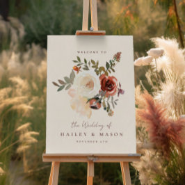 Elegante Fall Floral Red Wedding Willkommenszeiche Poster