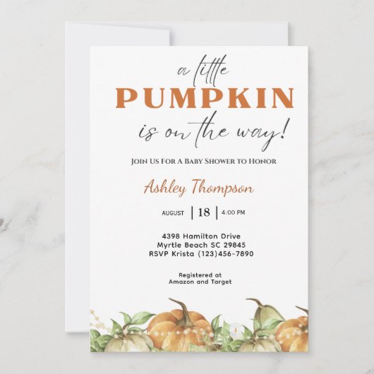 Elegante Fall Pink Pumpkin Baby Dusche Einladung (Vorderseite)