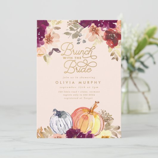 Elegante Fall Pumpkin Floral Brautparty Brunch Einladung (Stehend Vorderseite)