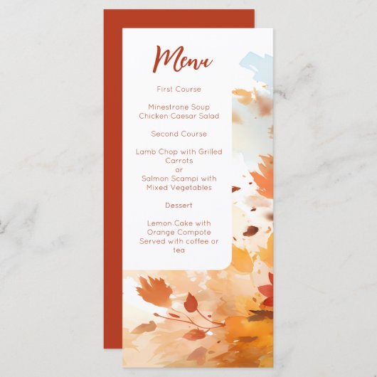 Elegante Fall Watercolor Foliage Hochzeit Menükarte (Vorne/Hinten)