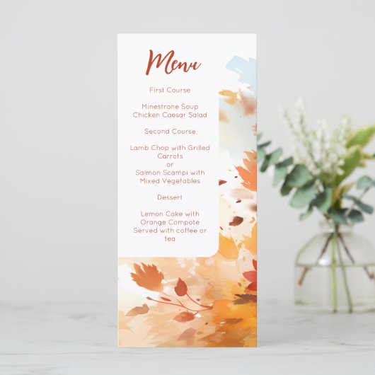 Elegante Fall Watercolor Foliage Hochzeit Menükarte (Stehend Vorderseite)