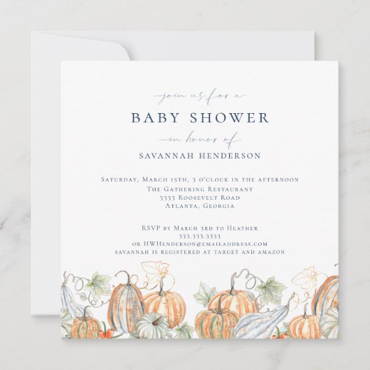 Elegante Fall Watercolor Pumpkin Baby Shower Einladung (Vorderseite)