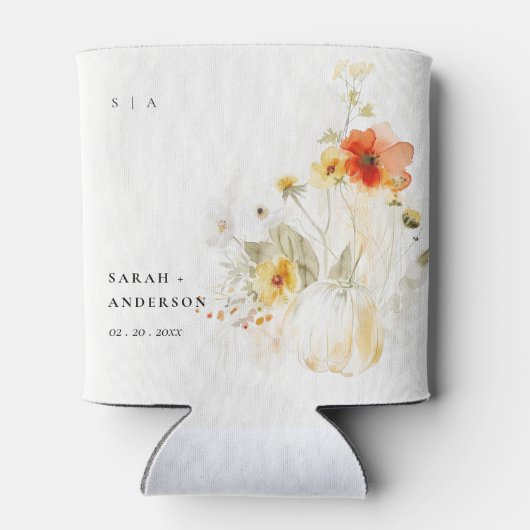 Elegante Fall Wildblume Pumpkin Wasserfarbenhochze Dosenkühler (Rückseite)