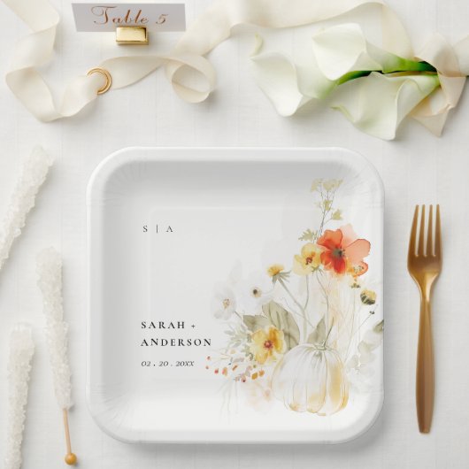 Elegante Fall Wildblume Pumpkin Wasserfarbenhochze Pappteller (Hochzeit)