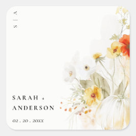 Elegante Fall Wildblume Pumpkin Wasserfarbenhochze Quadratischer Aufkleber