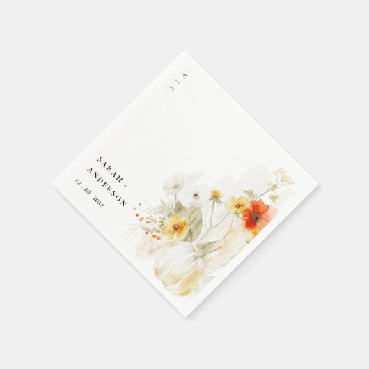 Elegante Fall Wildblume Pumpkin Wasserfarbenhochze Serviette (Ecke)