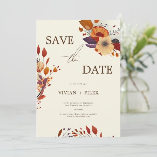 Elegante Fall-Wildblume Save the Date Einladung (Stehend Vorderseite)