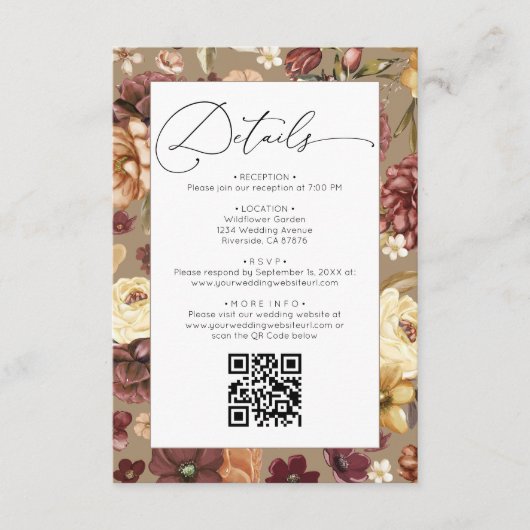 Elegante Fall-Wildblumen Blumenzettel Begleitkarte (Vorderseite)