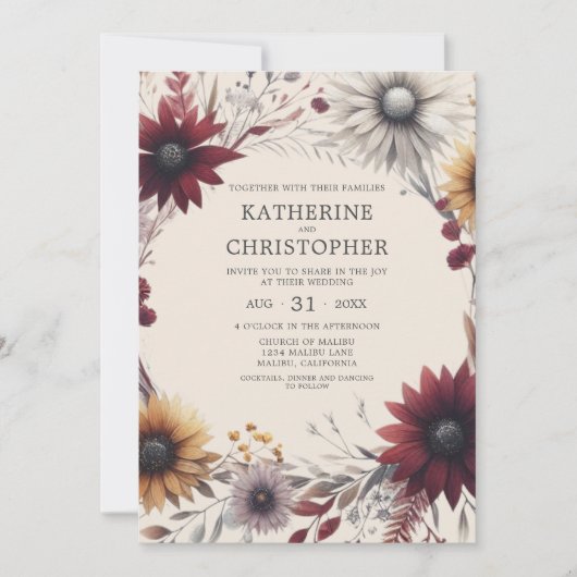 Elegante Fall Wildblumen Burgundy Wedding Einladung (Vorderseite)