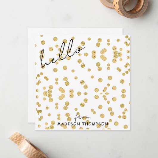 Elegante Falling Gold Glitzer Hallo Script Mitteilungskarte (Vorderseite/Rückseite Beispiel)