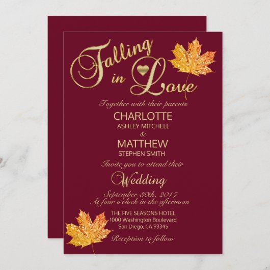 Elegante FALLING in LIEBE Burgund Marsala Wedding Einladung (Vorne/Hinten)