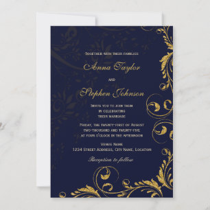 Elegante falsche goldene Glitter-Blumenwirbel Navy Einladung