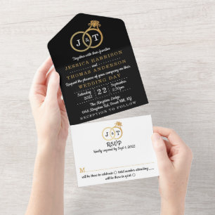 Elegante falsche Goldfolie-Monogramm-Hochzeitsring All In One Einladung