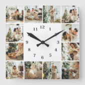 Elegante Familie 12 Foto Collage White Keepake Quadratische Wanduhr (Vorderseite)