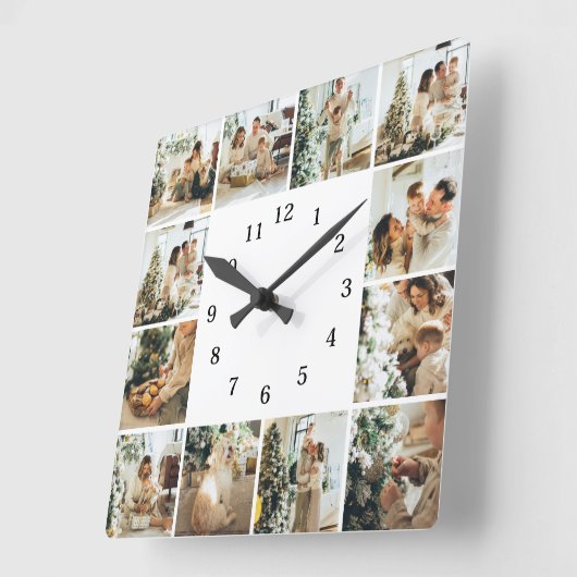 Elegante Familie 12 Foto Collage White Keepake Quadratische Wanduhr (Winkel)