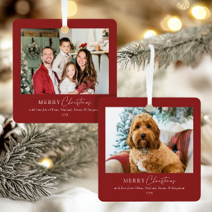 Elegante Familie 2 Fotos Tiefrotes Frohe Weihnacht Ornament Aus Metall