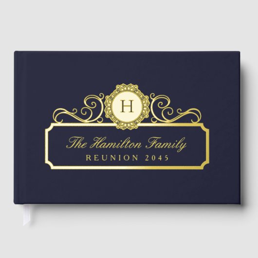 Elegante Familie Reunion Gold Monogram Navy Blue Gästebuch (Vorderseite)