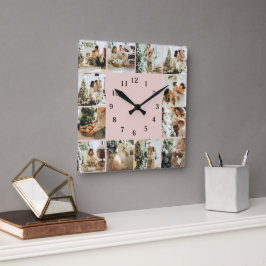 Elegante Familienfoto Collage Blush Pink Keepake Quadratische Wanduhr