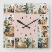 Elegante Familienfoto Collage Blush Pink Keepake Quadratische Wanduhr (Vorderseite)
