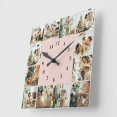 Elegante Familienfoto Collage Blush Pink Keepake Quadratische Wanduhr (Winkel)