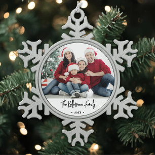 Elegante Familienfoto im Skript-Stil Schneeflocken Zinn-Ornament