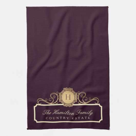 Elegante Family Zuhause Monogram Burgundy Plum Win Geschirrtuch (Vertikal)
