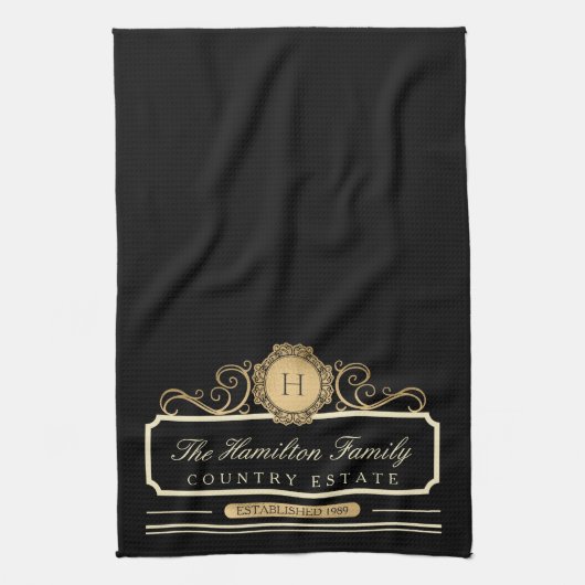 Elegante Family Zuhause Monogram Gold Black Kitche Geschirrtuch (Vertikal)