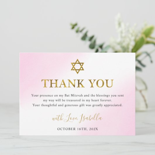 Elegante Farbe Pastel Pink Gold Bat Mitzvah Dankeskarte (Stehend Vorderseite)