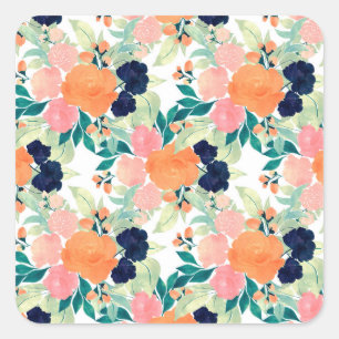Elegante Farbe Rosa Blau und Orange Floral Wasserf Quadratischer Aufkleber