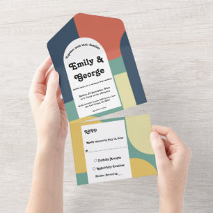 Elegante Farben Groovy 70er Abstrakte Art Hochzeit All In One Einladung