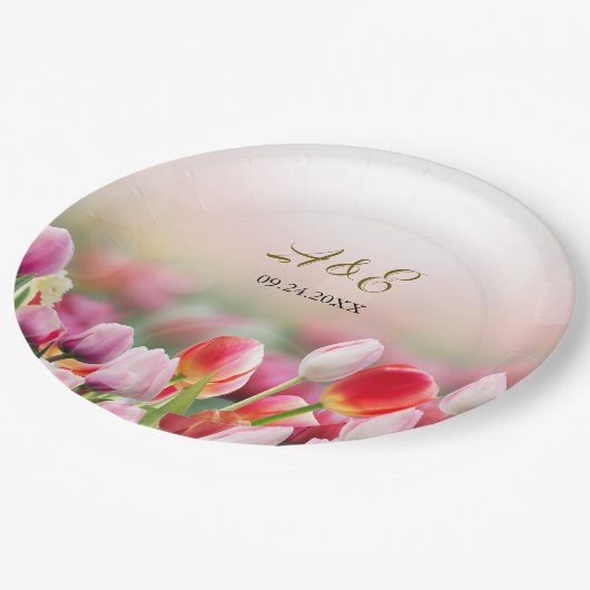 Elegante Farben Tulip Florals Hochzeit Pappteller (Schrägansicht)