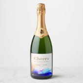 Elegante farbenfrohe blaue Orange Hochzeit Schaumweinetikett (Vorderseite)