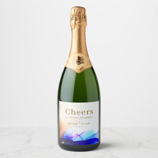 Elegante farbenfrohe blaue Orange Hochzeit Schaumweinetikett (Vorderseite)