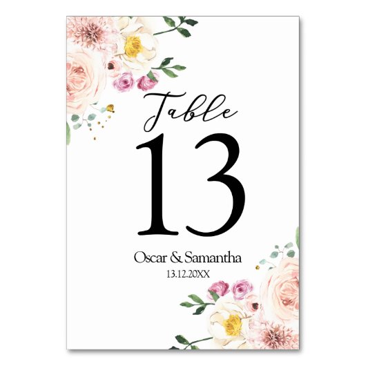 Elegante farbenfrohe Blume & Goldstücke Tischnummer (Rückseite)