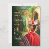 Elegante farbenfrohe Charro Rotes Kleid Quinceañer Einladung (Vorderseite)