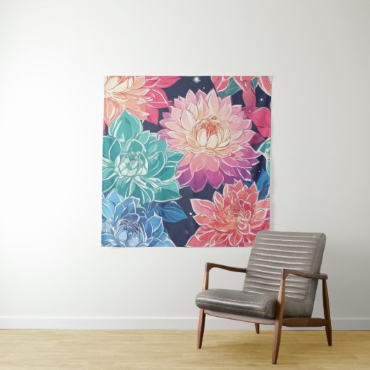 Elegante farbenfrohe Dahlia-Blume auf dunklem Hint Wandteppich (Beispiel)